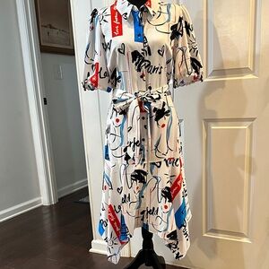 Karl Lagerfeld White Asymmetrical Shirt Dress with Red, Blue & Black Accents